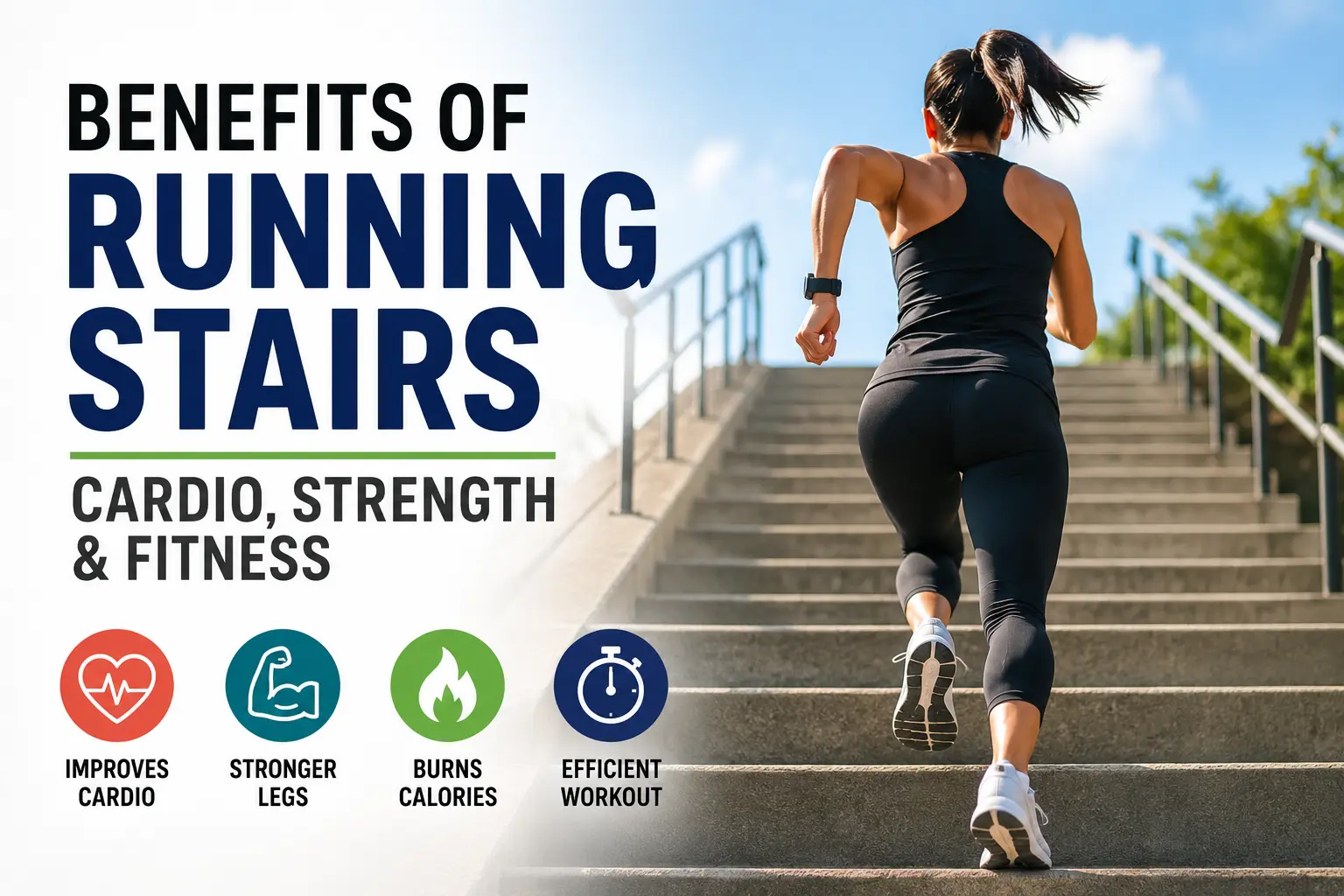Benefits of running stairs for cardio fitness, stronger legs and calorie burning