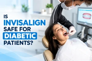 Dentist fitting Invisalign clear aligners for a patient, illustrating Invisalign for diabetic patients.
